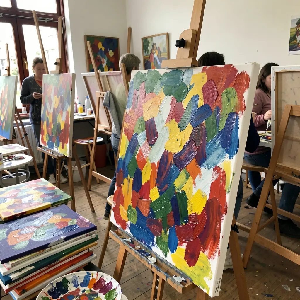 Adult painting workshop in progress with colorful canvas