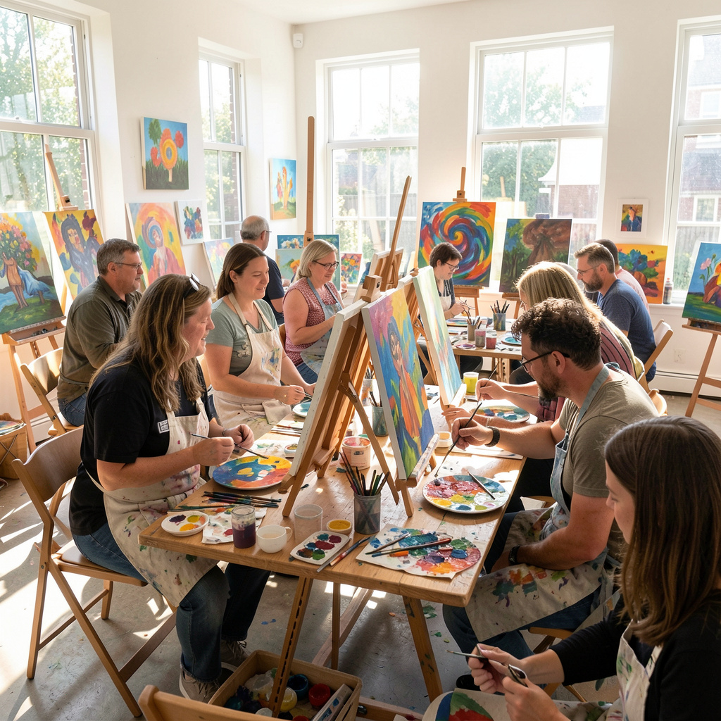 Adult participants enjoying a creative painting workshop together