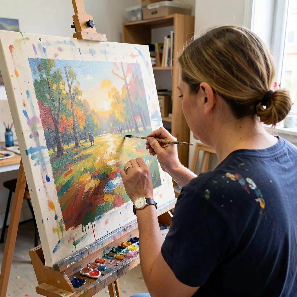 Art workshop instructor demonstrating painting techniques